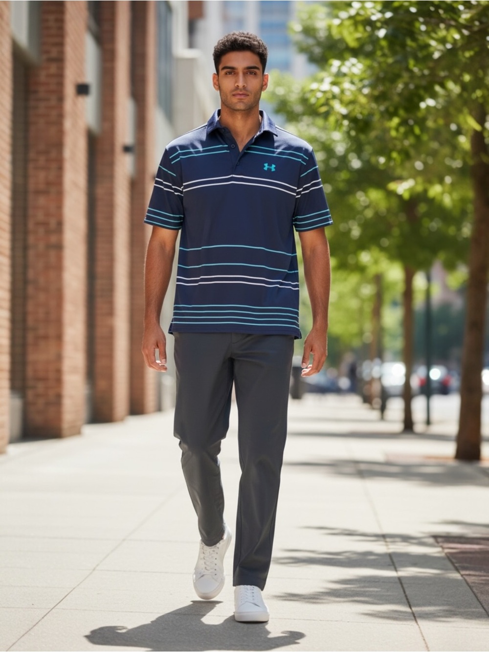 Under Armour The Playoff Polo Shirt Men’s M Navy Striped Loose Fit Stretch Golf